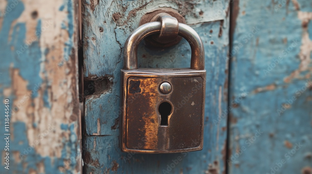 A lock with a keyhole on a blue door A lock with a keyhole on a blue door