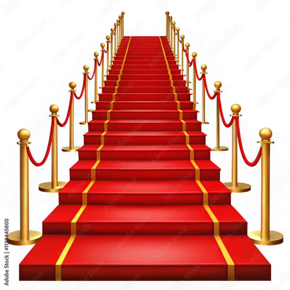Red Event Carpet, Stair and Gold Rope Barrier Concept of Success and Triumph. Vector illustration and white background. Red Event Carpet, Stair and Gold Rope Barrier Concept of Success and Triumph. Vector illustration and white background.