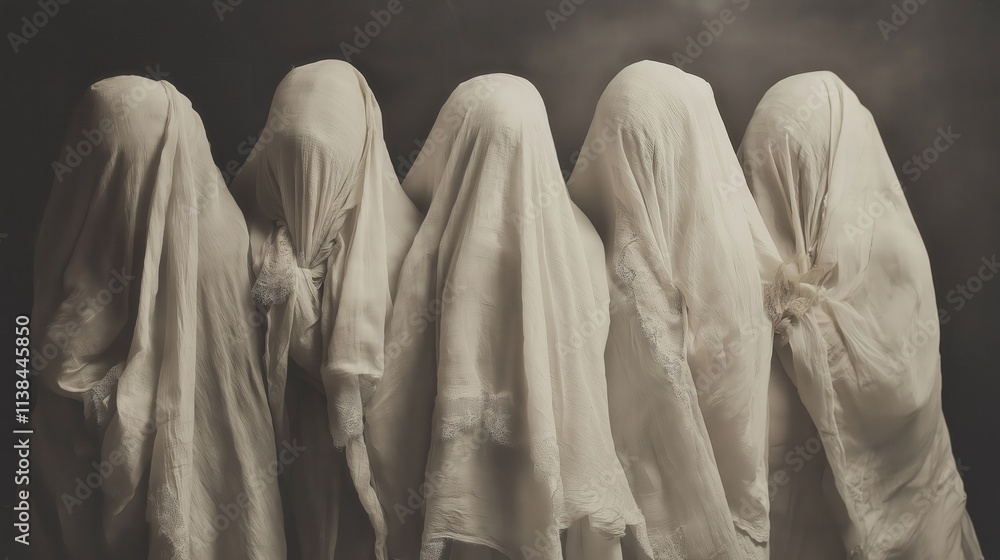Five figures draped in white fabric, creating an enigmatic creepy atmosphere. Muslin wives Five figures draped in white fabric, creating an enigmatic creepy atmosphere. Muslin wives