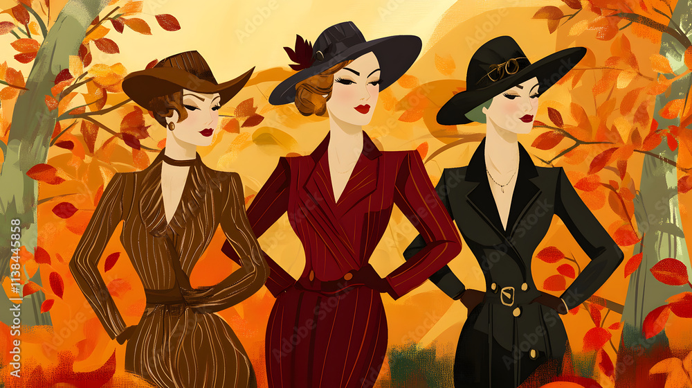 A Stunning Art Deco Autumn Scene with Symmetrical Leaves and Elegant Stylish Outfits in Warm Golden Tones A Stunning Art Deco Autumn Scene with Symmetrical Leaves and Elegant Stylish Outfits in Warm Golden Tones