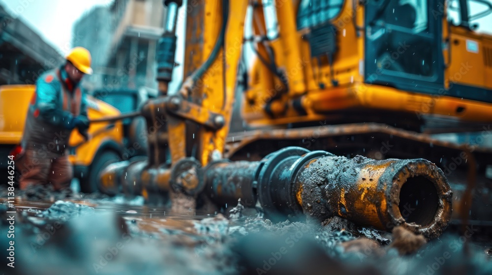 Worker repairing a muddy pipe near an excavator. Worker repairing a muddy pipe near an excavator.