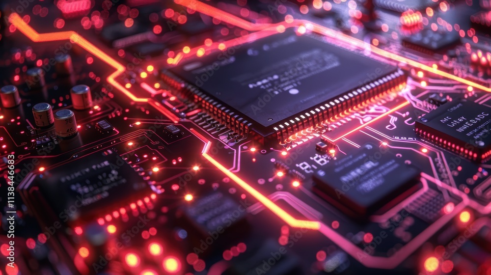 High-tech microchip circuit board with glowing red lights depicting advanced technology and the intricate details of modern electronic circuitry High-tech microchip circuit board with glowing red lights depicting advanced technology and the intricate details of modern electronic circuitry