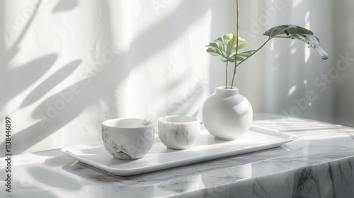 White ceramic tea set on a minimalist table with soft lighting