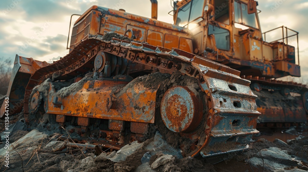 Rusty old bulldozer close-up, outdoors, cloudy sky. Rusty old bulldozer close-up, outdoors, cloudy sky.