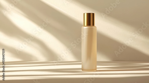 Elegant and Minimalist Cosmetic Bottle with Golden Cap Against Soft Shadow Background, Perfect for Skincare or Beauty Product Photography