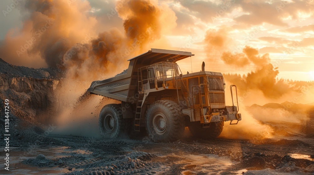 Large mining dump truck unloading ore at sunset, dust clouds billowing. Large mining dump truck unloading ore at sunset, dust clouds billowing.