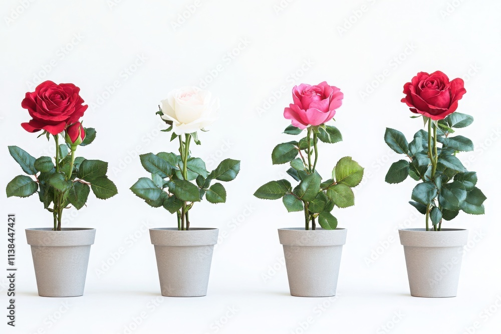 Fototapeta premium Potted roses in red, white, and pink shades arranged in gray pots on a white background, ideal for gardening, home decor, and floral themes.