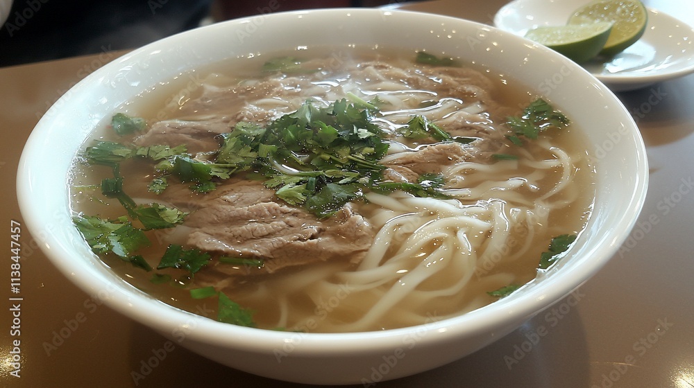 Steaming bowl of beef noodle soup with fresh cilantro.