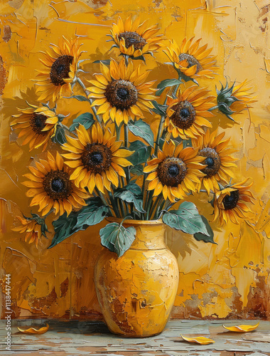 an oil painting of many sunflowers in a yellow vase,.  photo