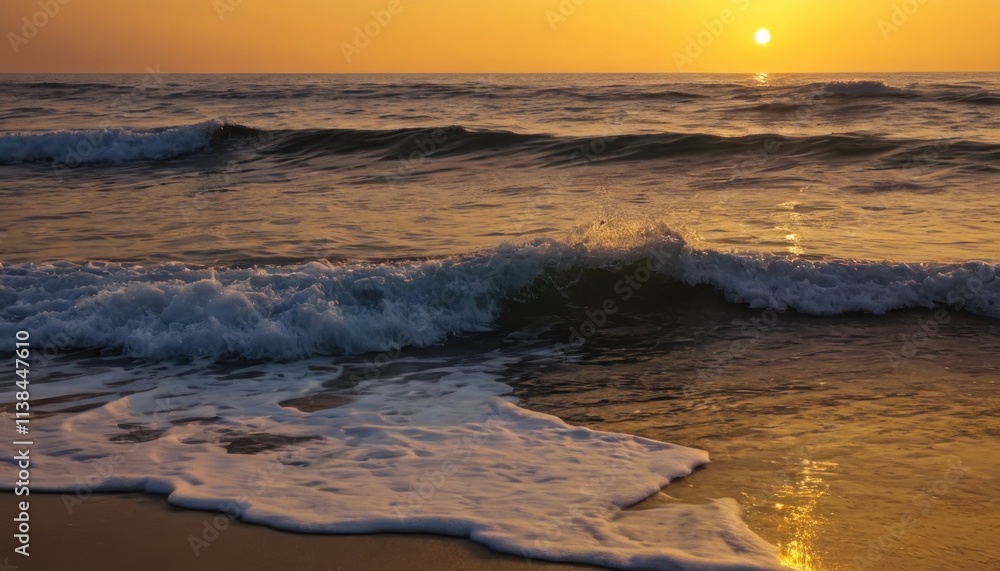 Obraz premium Golden hour paints the sky with hues of orange and pink as the sun dips below the horizon, casting a shimmering reflection on the tranquil ocean