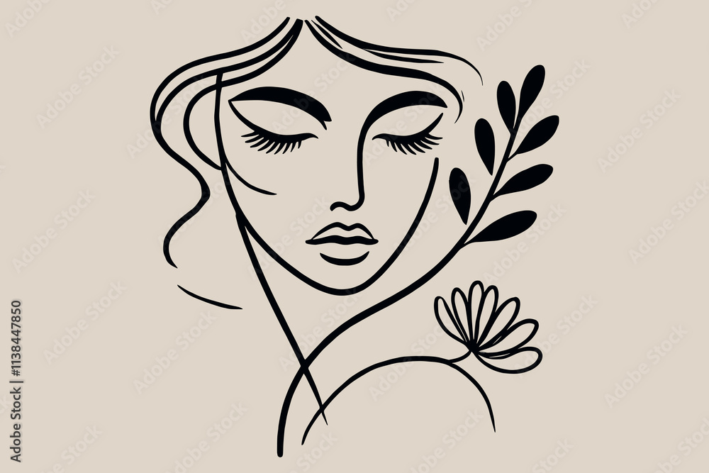 Minimalist line art portrait of a woman with flowers in black ink Minimalist line art portrait of a woman with flowers in black ink