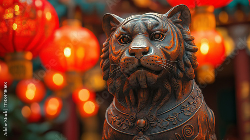 Ornate Tiger Statue with Red Lanterns for Chinese New Year Celebration photo