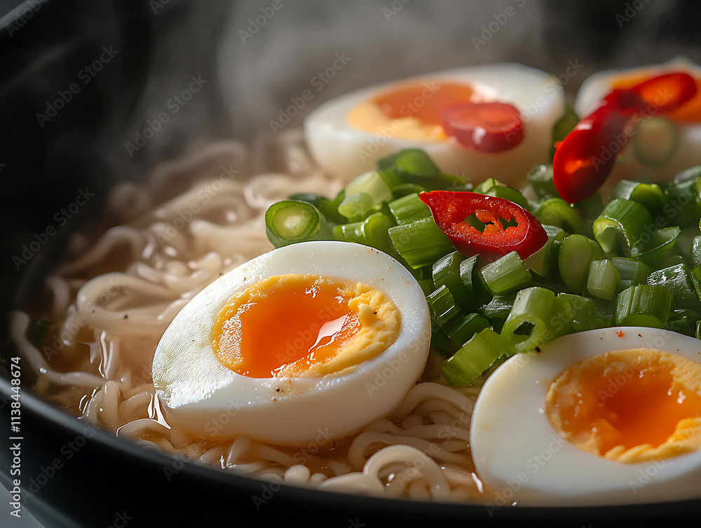 Steaming Bowl of Ramen Noodles with Soft Boiled Eggs Steaming Bowl of Ramen Noodles with Soft Boiled Eggs