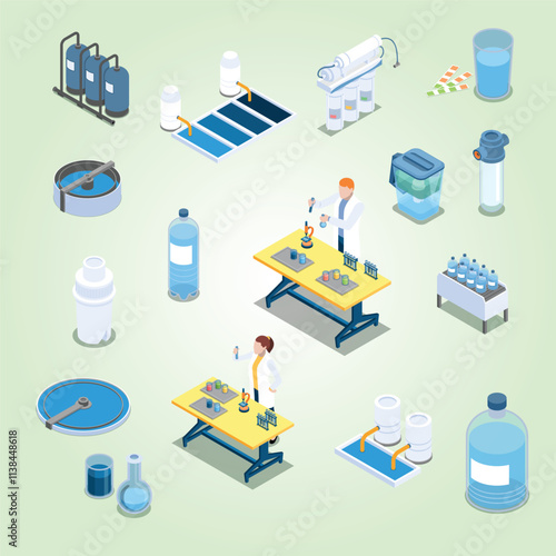 Water cleaning systems isometric icons with industrial purification equipment and home filters blue isolated vector illustration