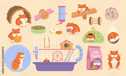 Hamster. Domestic funny pets in action poses with specific items cage toys food recent vector animals hamster