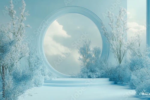 Serene Winter Scene with Minimalist Circular Stage. Digital Background. photo