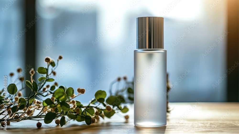 Elegant Frosted Glass Bottle with Silver Cap Surrounded by Greenery on Wooden Surface with Soft Background Light for Skincare or Fragrance Products Elegant Frosted Glass Bottle with Silver Cap Surrounded by Greenery on Wooden Surface with Soft Background Light for Skincare or Fragrance Products