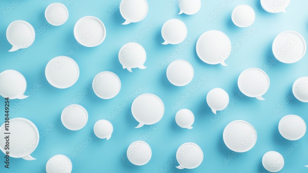 White speech bubbles scattered on a light blue background.