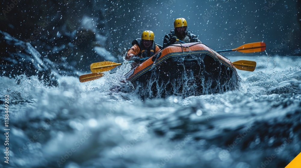 Fototapeta premium Two rafters navigate a wild river in a storm.