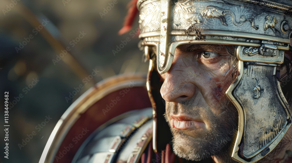 Roman centurion in detailed armor during a battle scene Roman centurion in detailed armor during a battle scene
