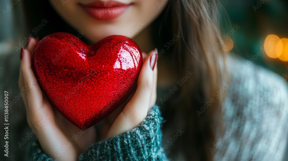 Woman Gently Holds Red Glittery Heart Woman Gently Holds Red Glittery Heart
