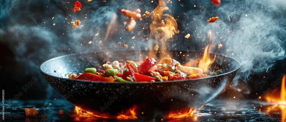 Stir-fried vegetables and meat in a wok, flames and smoke. Stir-fried vegetables and meat in a wok, flames and smoke.