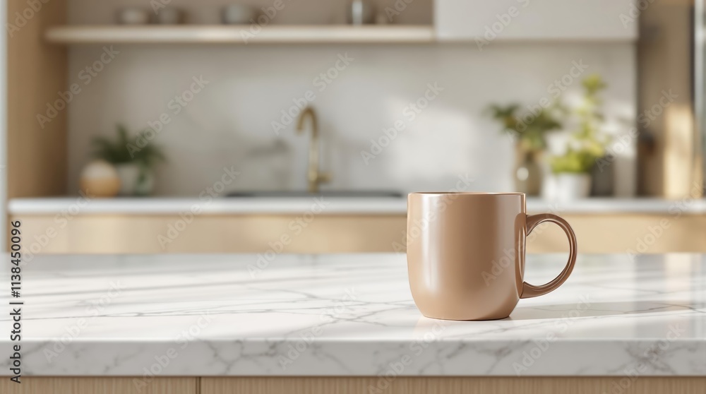 Blank brown mug on marble countertop in a cozy kitchen setting, perfect for design mockup Blank brown mug on marble countertop in a cozy kitchen setting, perfect for design mockup