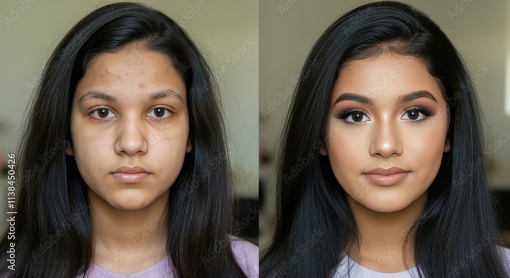 Transformation of young asian female with before and after makeup Transformation of young asian female with before and after makeup