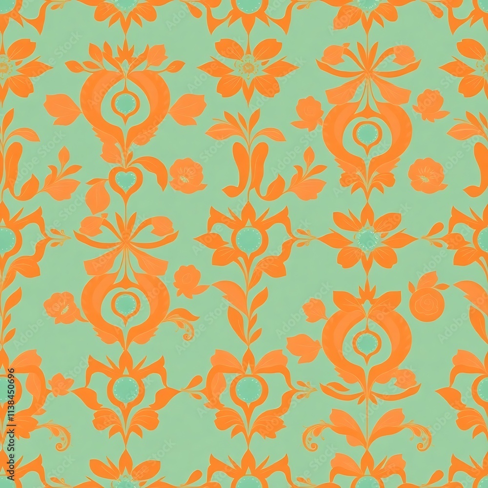 Fototapeta premium Orange and Teal Damask Pattern