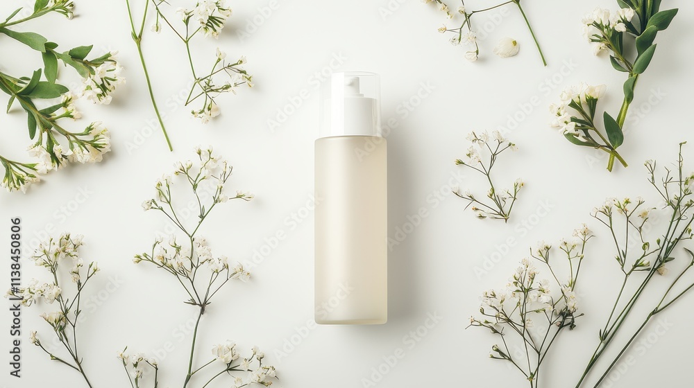 Elegant and Minimalistic Cosmetic Product Surrounded by Delicate White Flowers on a Soft White Background for Beauty and Wellness Branding Elegant and Minimalistic Cosmetic Product Surrounded by Delicate White Flowers on a Soft White Background for Beauty and Wellness Branding