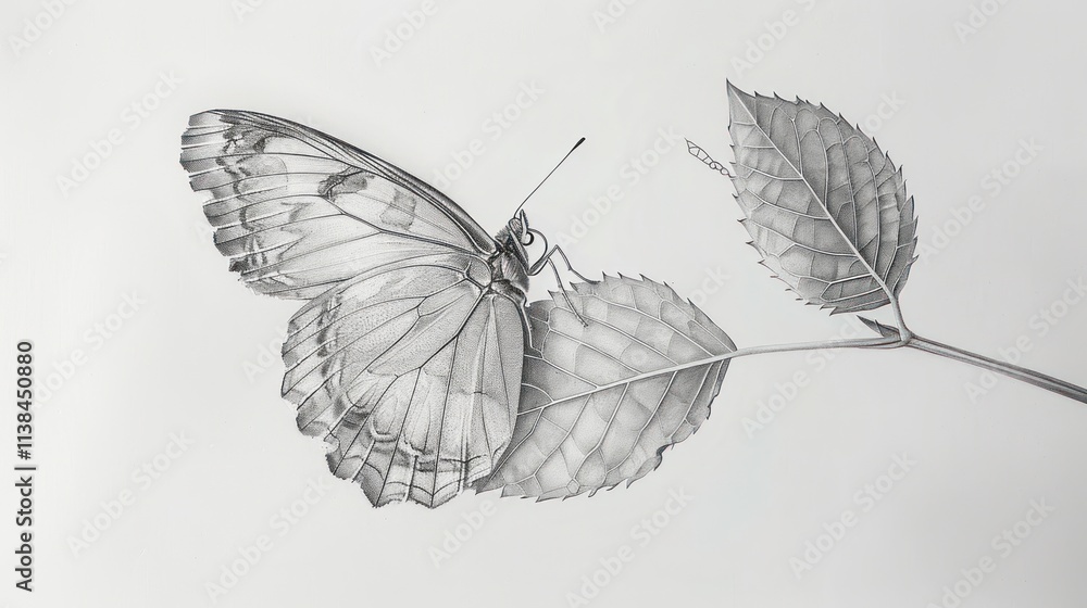 Obraz premium Monochrome pencil sketch of butterfly on leaves.