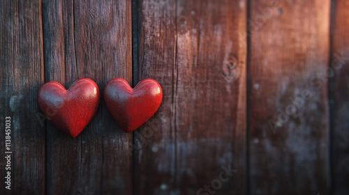 Valentines day background with two red hearts on wooden background, with copy space