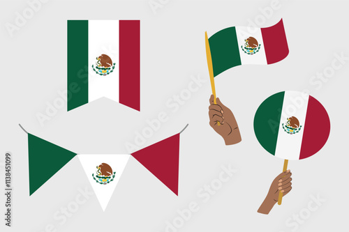 Representaciones de la bandera de México en diferentes formatos: guirnalda, bandera de mano y decoración circular con el escudo nacional