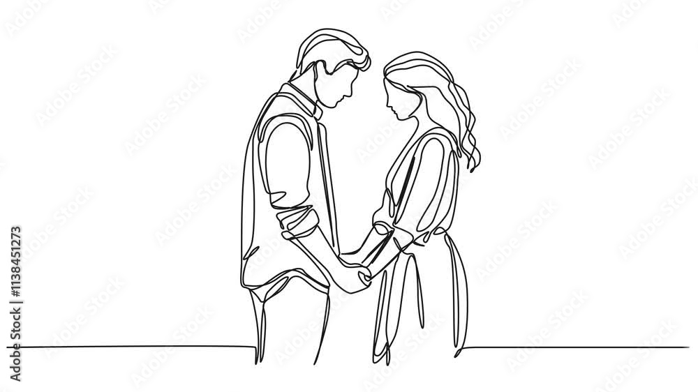 animated continuous line drawing of woman and man holding hands facing each other, line art animation animated continuous line drawing of woman and man holding hands facing each other, line art animation