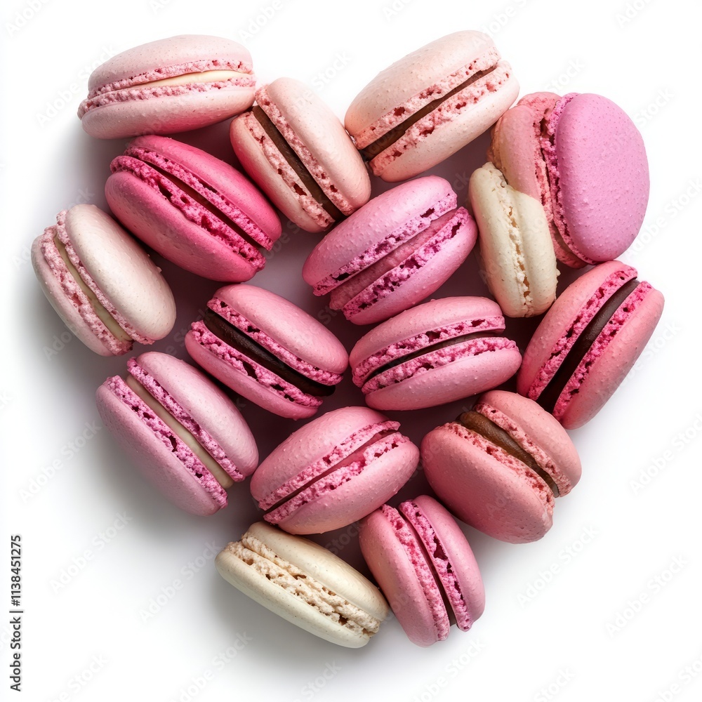 Pink macarons in a heart-shaped arrangement isolated on white background Pink macarons in a heart-shaped arrangement isolated on white background