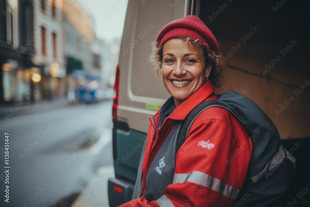 Smiling portrait of a middle aged female delivery worker Smiling portrait of a middle aged female delivery worker