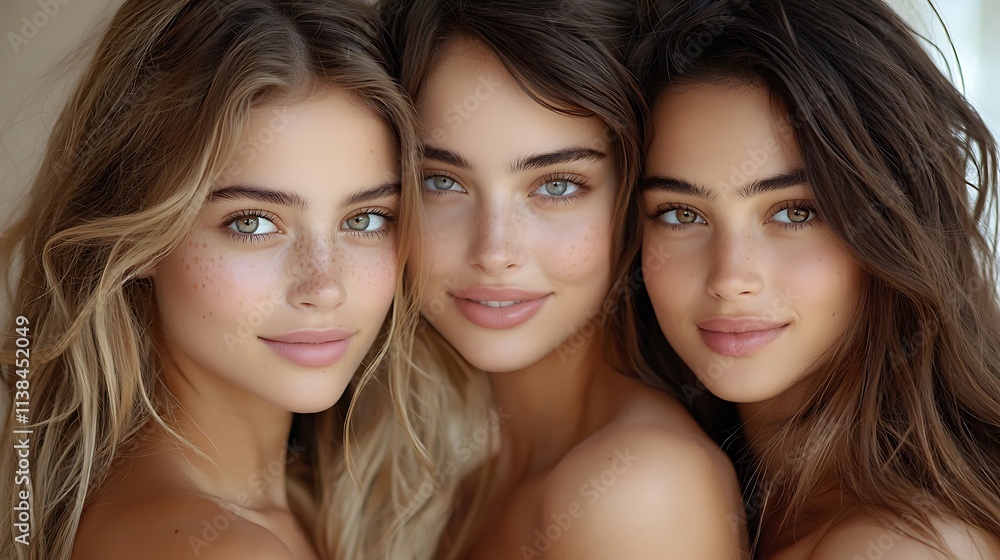 Fototapeta premium Captivating image of three female models with glowing skin, softly illuminated by natural light in a chic urban setting for a skincare ad, ultra-realistic, photo-realistic, highly detailed, 