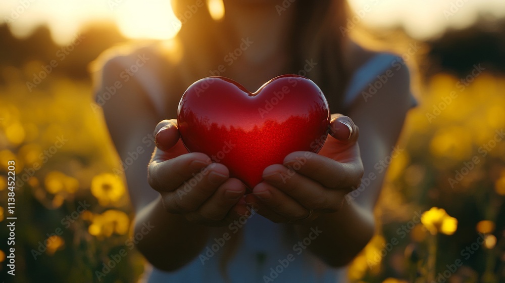 Woman holding red heart sunset field background Woman holding red heart sunset field background