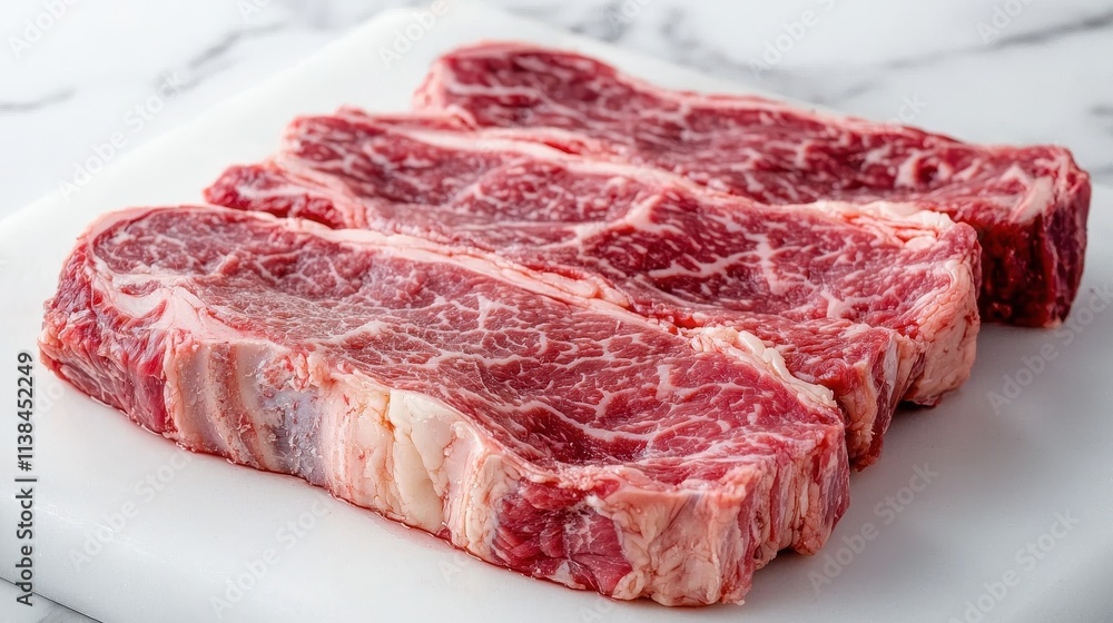 Fototapeta premium Freshly Cut Premium Beef Steak with Intricate Marbling Displayed on a Clean White Cutting Board for Culinary Inspiration and Recipe Ideas