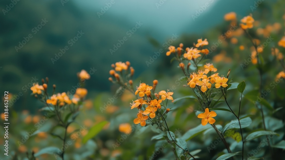 Obraz premium Golden blooms surrounded by lush greenery in a serene mountain landscape creating a soft, dreamy atmosphere of nature's beauty.