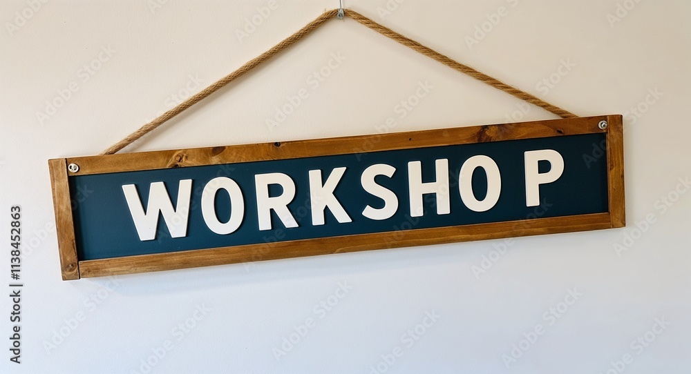 workshop lettering on hanging sign board on plain white background