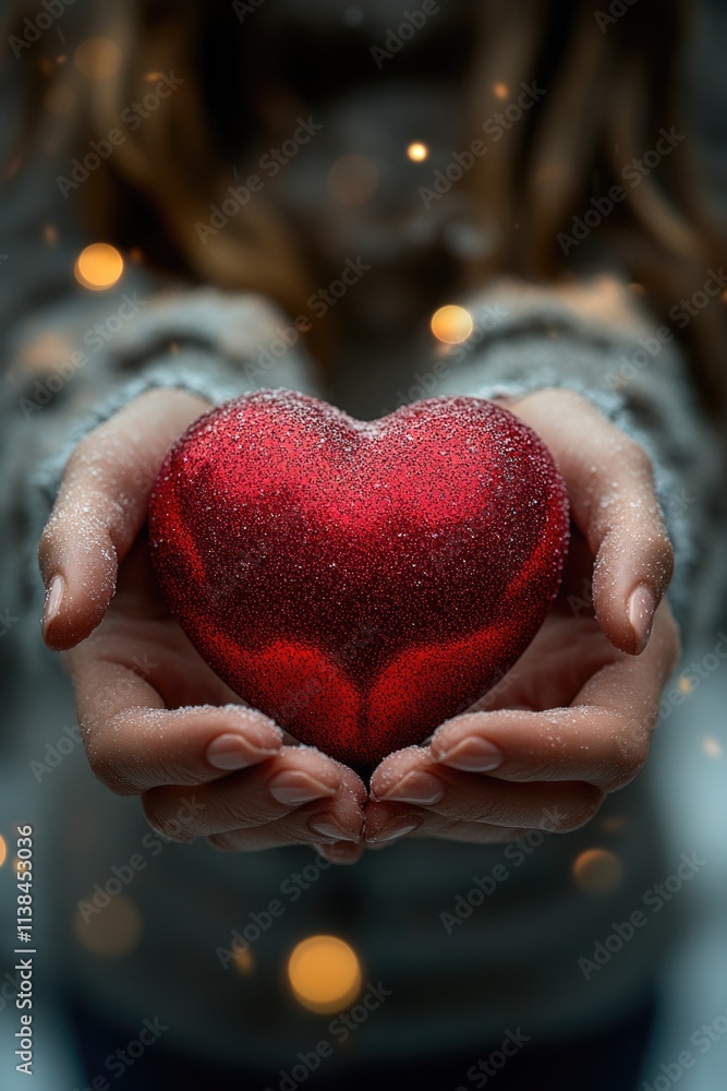 A person holds a red heart in their hands A person holds a red heart in their hands