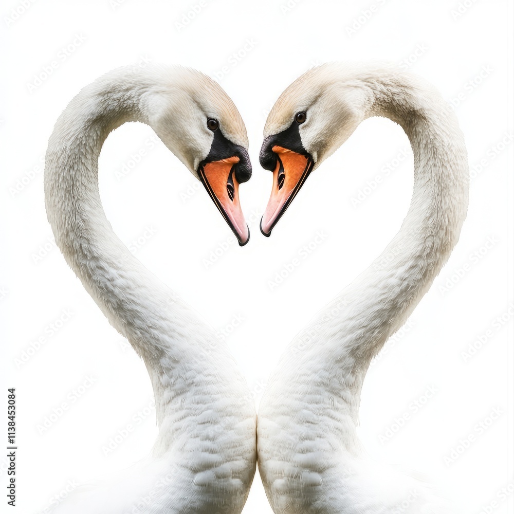 Fototapeta premium Pair of swans forming a heart shape with necks isolated on white background
