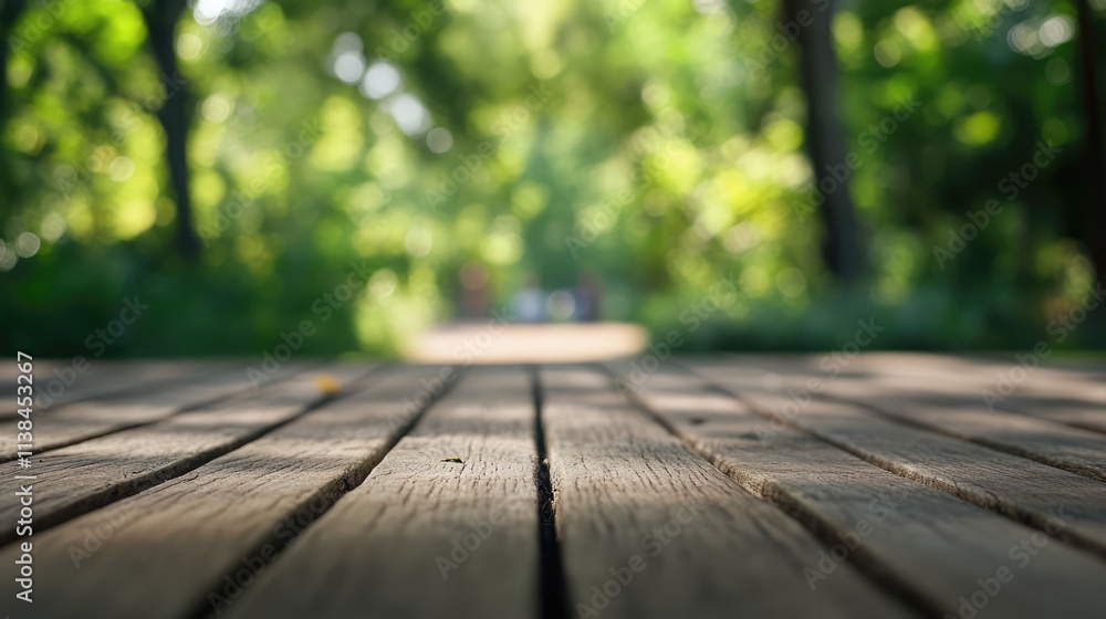 Wooden table with blurred green background and soft-focus bokeh effect creating a serene outdoor atmosphere for relaxation or gatherings. Wooden table with blurred green background and soft-focus bokeh effect creating a serene outdoor atmosphere for relaxation or gatherings.