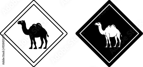 Camel Road Signs. Black and White Vector Icons. Road Sign Warning Animals Crossing The Road. Zoo Sticker