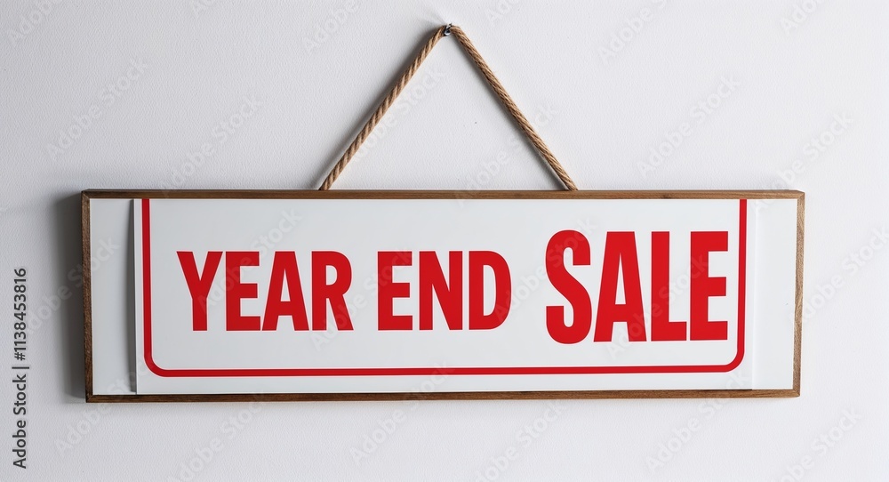 year end sale lettering on hanging sign board on plain white background year end sale lettering on hanging sign board on plain white background