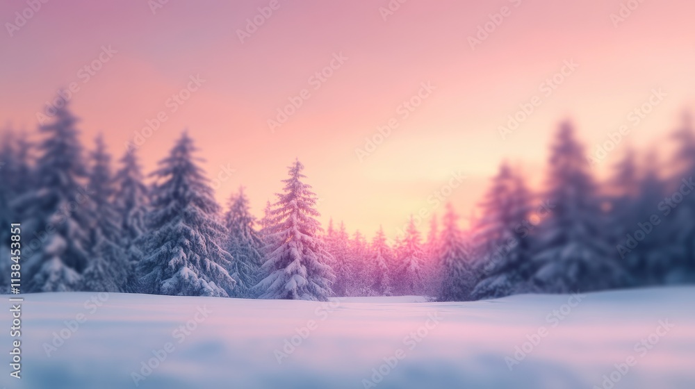 Serene Twilight Landscape of a Snowy Forest with Soft Blurred Focus and Warm Pastel Skies Serene Twilight Landscape of a Snowy Forest with Soft Blurred Focus and Warm Pastel Skies