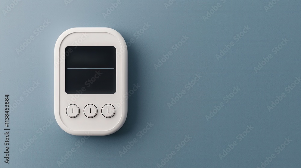 Energy consumption and electricity data, A sleek, modern thermostat displayed against a blue wall, featuring a simple interface and three buttons for easy temperature control. Energy consumption and electricity data, A sleek, modern thermostat displayed against a blue wall, featuring a simple interface and three buttons for easy temperature control.