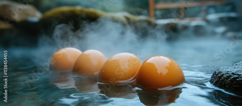 Boiling Eggs in a Scenic Hot Spring Popular with Tourists Surrounded by Steam and Natural Beauty photo