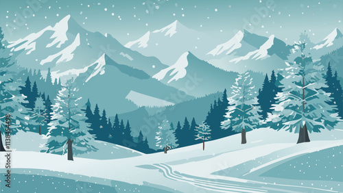 Winter snowy landscape with mountain and trees vector illustration